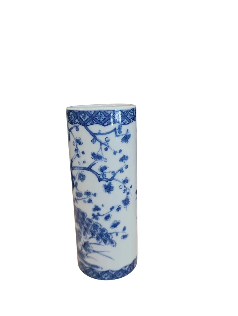 Vintage Blue and White Porcelain Cylinder Vase Bird Floral Made In Japan 6 In